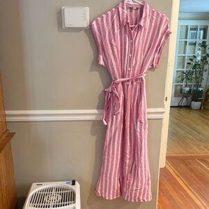 LOFT Pink and White Striped Button-Up Shirt